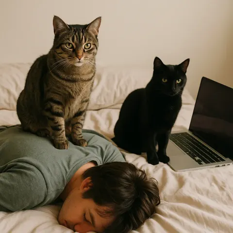 Person Lying on a Bed with Two Cats