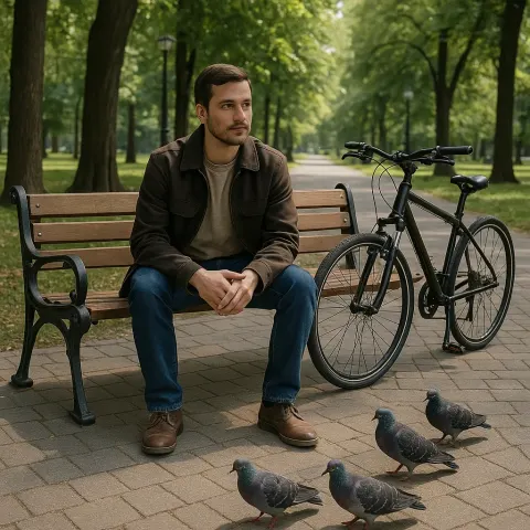 Man Sits on a Bench Next to His Bicycle