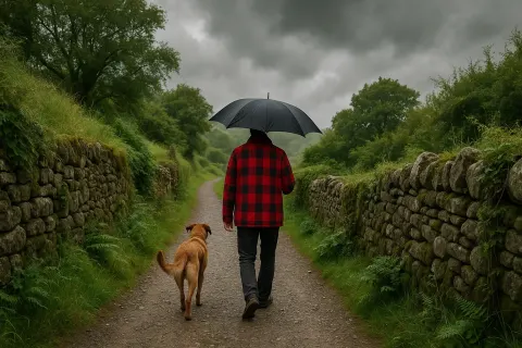 Person in a Red Checkered Jacket Walks Along