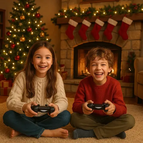 Two Children Playing a Video Game in a Cozy