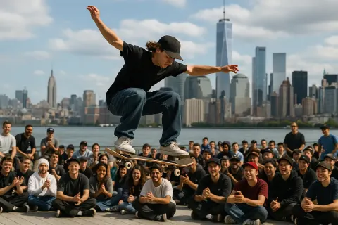 Skateboarder Performs a Trick in Front of a Crowd