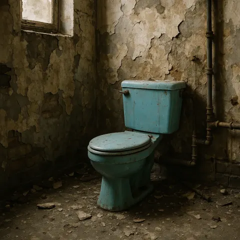 Rundown Bathroom with a Blue Toilet