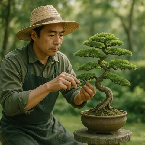 Gardener Is Meticulously Pruning a Delicate Bonsai Tree to Enhance