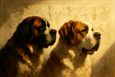 Two Varied Saint Bernards in Profile