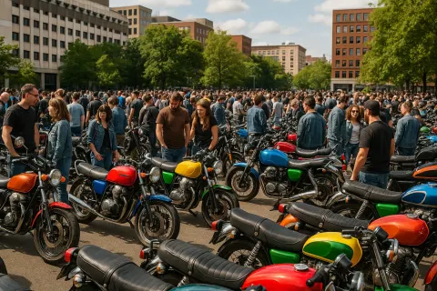 Bustling Outdoor Motorcycle Gathering with People Mingling Among Colorful Bikes