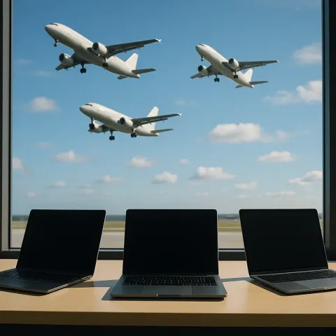 Lifelike Setting with Three Modern Laptops Placed on a Desk