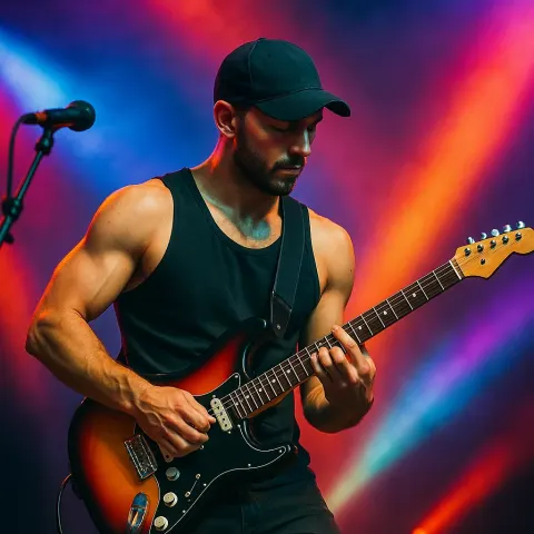 Musician Wearing a Sleeveless Shirt and Cap Plays an Electric
