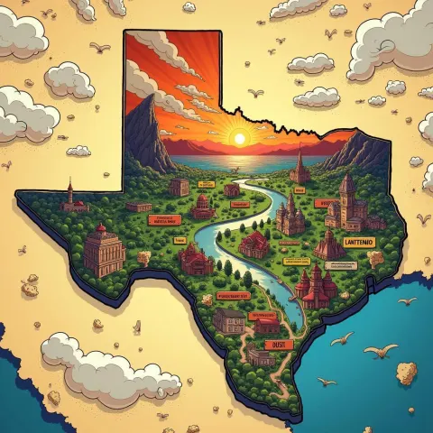 Manga Map of Texas With Exaggerated Landmarks