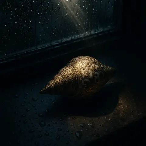 Ornate Conch by a Rainy Window