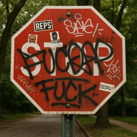 Red Stop Sign Defaced with Graffiti and Stickers
