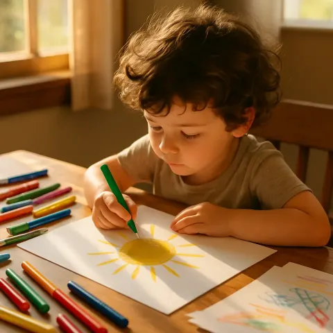 Young Child with Dark Brown Curls Leans