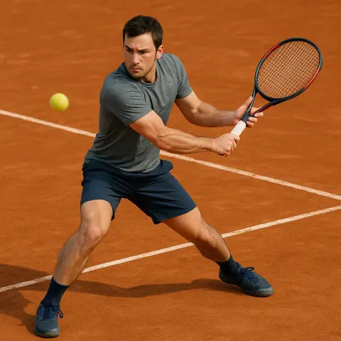 Male Tennis Player Wearing a Gray Shirt and Navy Shorts