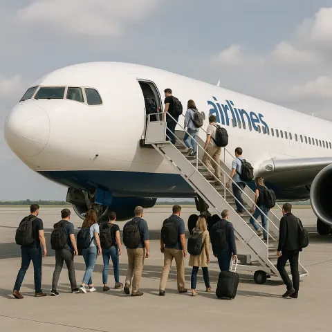 Group of Passengers Board a Commercial Airplane Via a Mobile