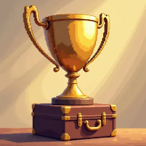 Oversized 8 Bit Trophy Outgrowing Its Pixel Suitcase