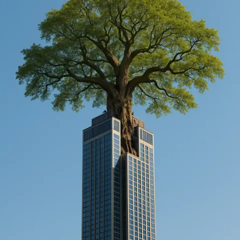 Immense Skyscraper with a Centuries-old Tree Growing Through its Core