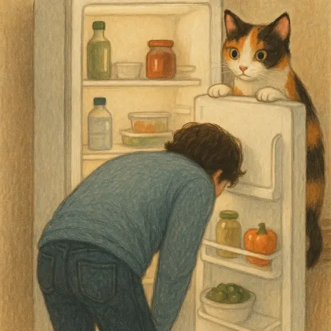 Person Is Bent over Looking Inside an Open Fridge
