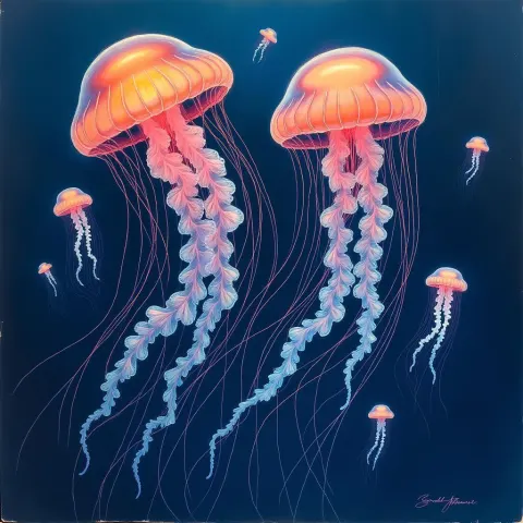 Sketched Jellyfish Drifting Through Dark Blue Depths