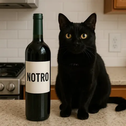 Black Cat Standing Next to a Green Wine Bottle Labeled