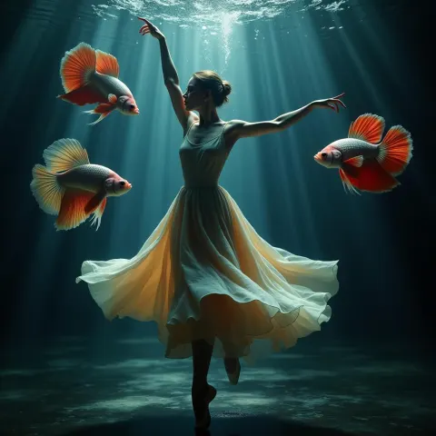 Underwater Ballerina Circled by Colossal Betta Fish