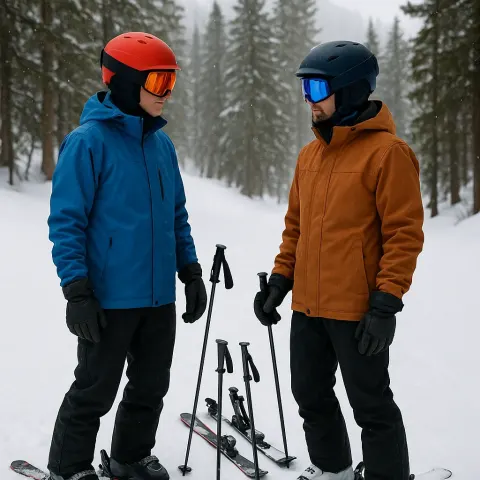 Two People Wearing Ski Gear Stand near Snow Equipment