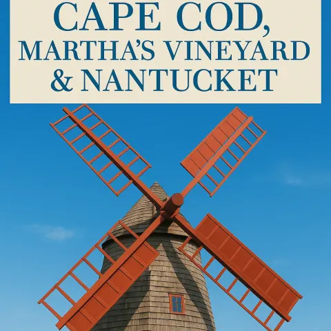 Wooden Windmill with Red Blades Against a Blue Sky