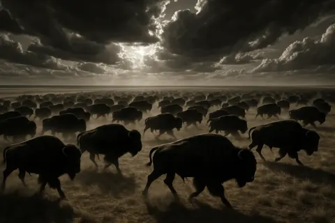 Vast Herd of Shadowy Bison Thunders Across an Immense