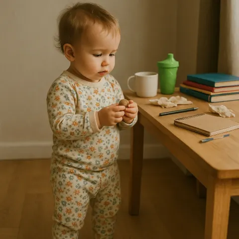 Toddler Wearing Patterned Clothing Stands Indoors Next to a Table