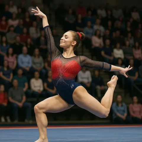 Female Gymnast Performs on the Floor Mat in Front