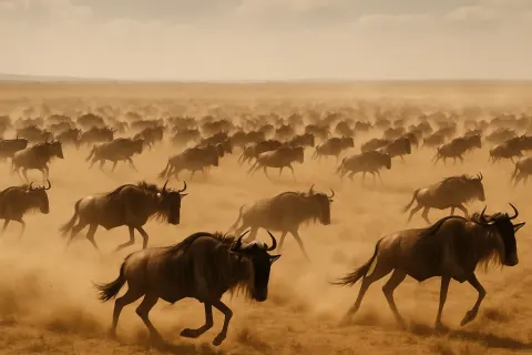 Many Distant Wildebeest Thunder Across a Vast