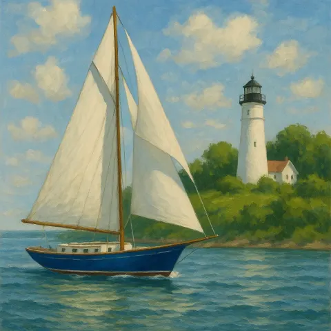 Blue-hulled Sailboat with White Sails Floats near a Green Shore