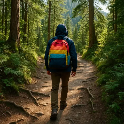 Vibrant Backpack Adorns a Hiker as They Navigate a Picturesque