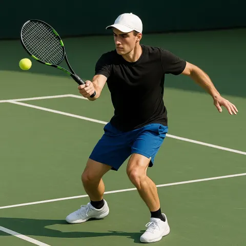 Person Playing Tennis on a Green Court