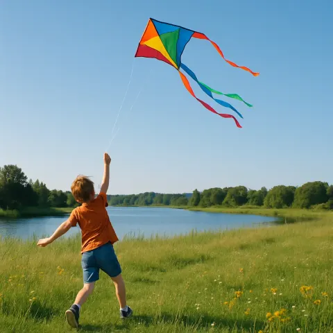 Young Individual Happily Maneuvers a Colorful Kite as It Glides