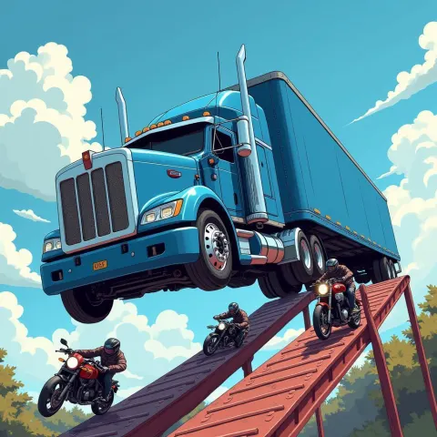Anime Semi Truck Soaring Over Ramped Motorcycles