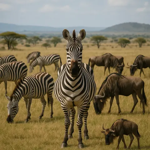 Group of Zebras and Wildebeests Grazing in a Grassy Savanna