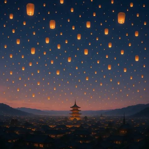 Thousands of Distant Paper Lanterns Float Serenely Upwards
