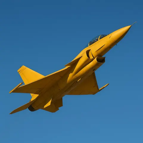 Jet with a Golden-yellow Hue Flying High in a Cloudless