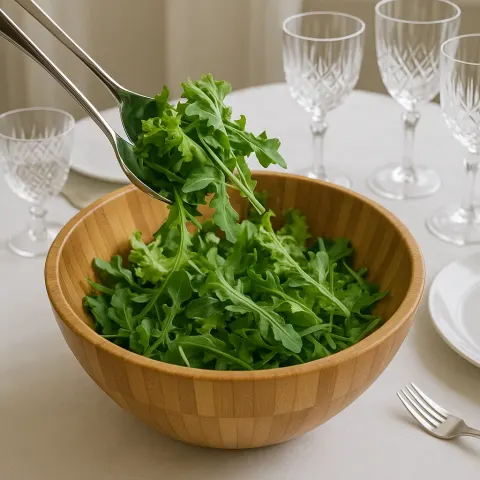 Bamboo Bowl and Silver Tongs Mix the Fresh Salad