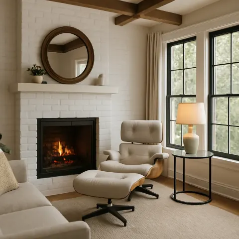 Cozy Living Room Featuring a White Brick Fireplace