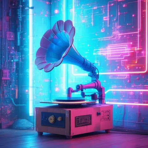 Cardboard Phonograph Aglow With Neonpunk Light