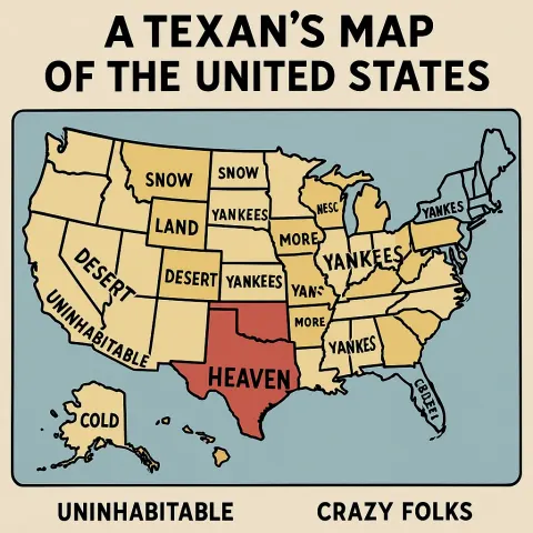 Humorously Exaggerated Map Labeled "A Texan's Map of the United
