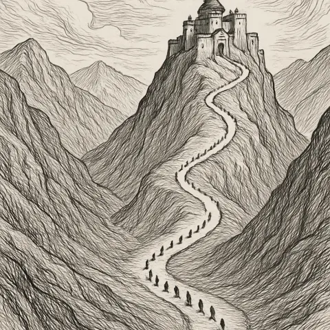 Sparse Line of Tiny Pilgrims Slowly Snakes its Way