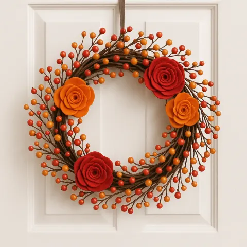 Decorative Autumn Wreath Made of Intertwined Branches Adorned with Colorful