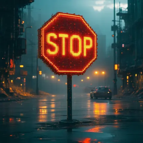 Glowing Digital Sticker on a Pixelated Stop Sign