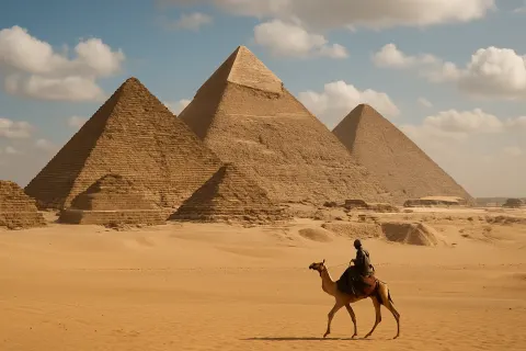 Three Large Pyramids Stand in a Sandy Desert