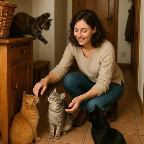 Woman Interacts with Several Cats in a Hallway
