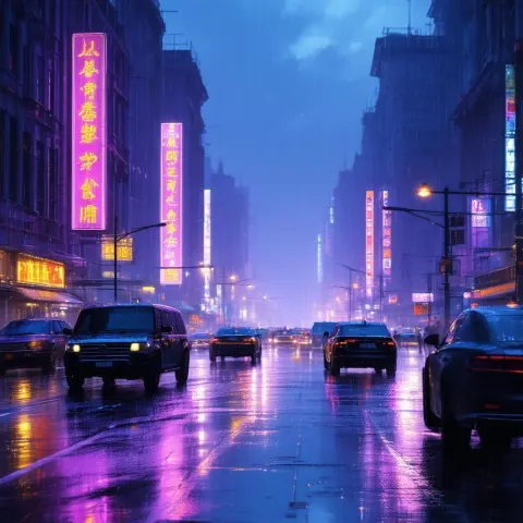 Rain Soaked Neon Streets in Purple Shadow