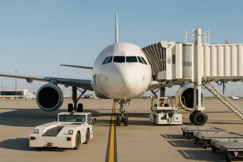 Commercial Airplane Docked at an Airport Gate with Ground Support