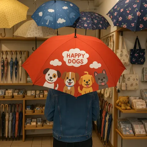 Person Stands Inside a Shop Holding a Red Umbrella