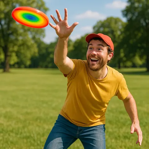 Joyful Man Extending His Arm to Grab a Vibrant Frisbee
